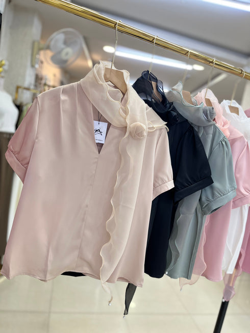 Satin Short Sleeves Tops With Scarf